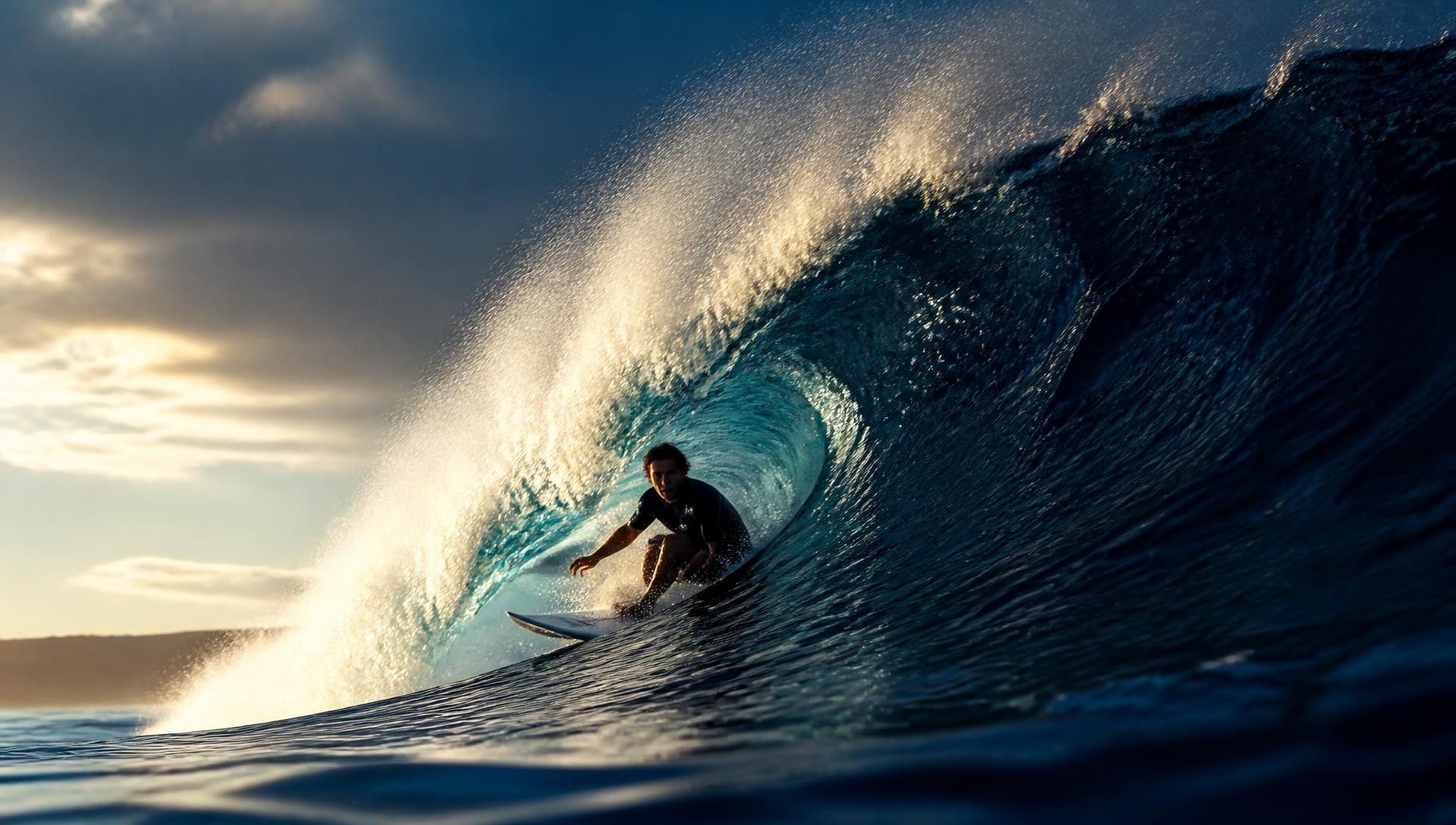 Surfista trazando un bottom turn en una ola grande durante una competición